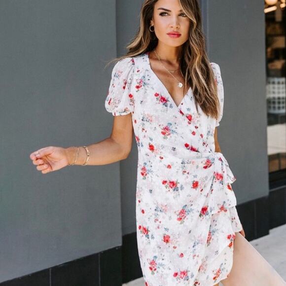 NWT COLLECTIVE CONCEPTS Sheer Floral V-Neck Wrap Mini Dress (White | Size S) - Picture 2 of 14